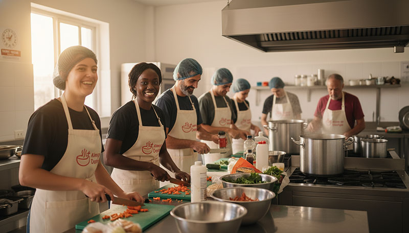 Jovens da paróquia a cozinhar em equipa